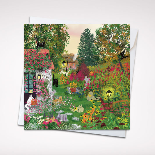 Square Greeting card: Cats in a fall garden