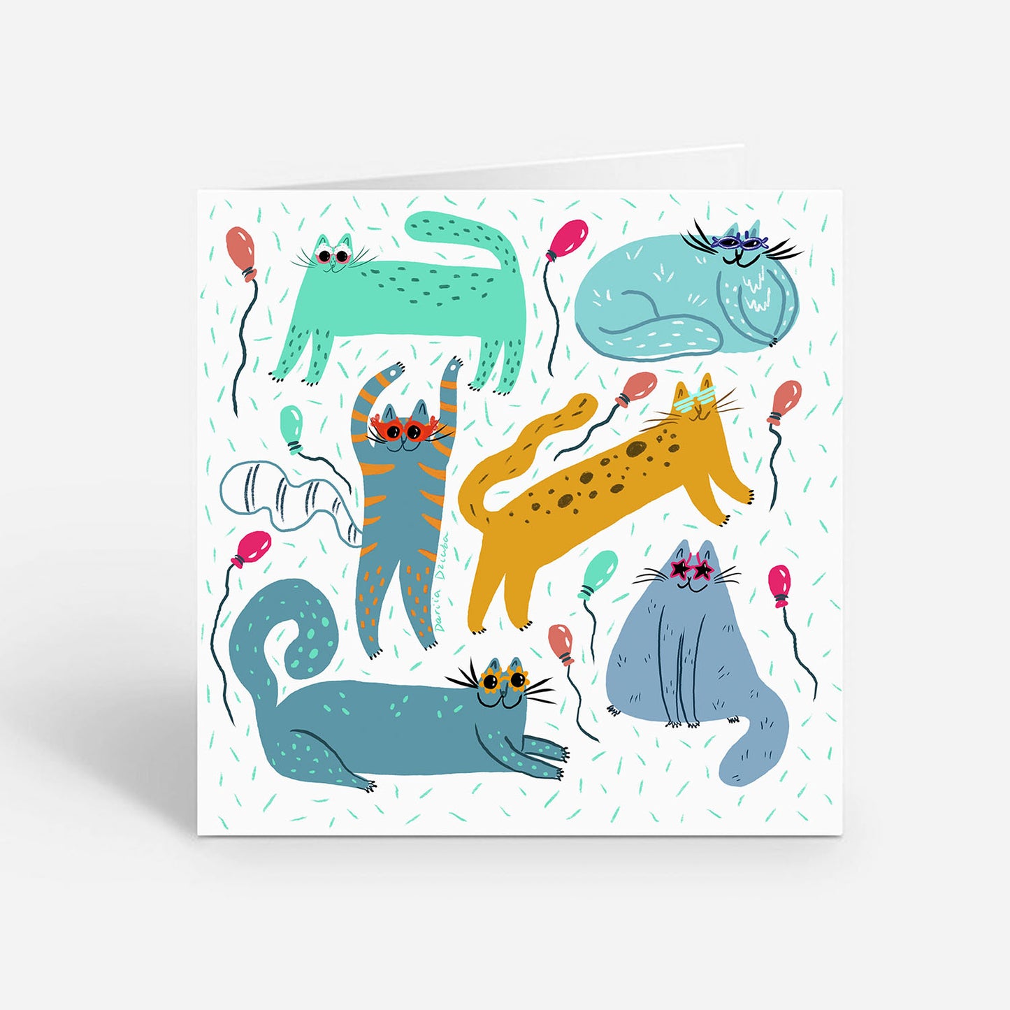 Carte de vœux 5x5 Pawty Cats Celebration – Carte vierge amusante sur le thème des chats avec ballons et enveloppe, parfaite pour toutes les occasions