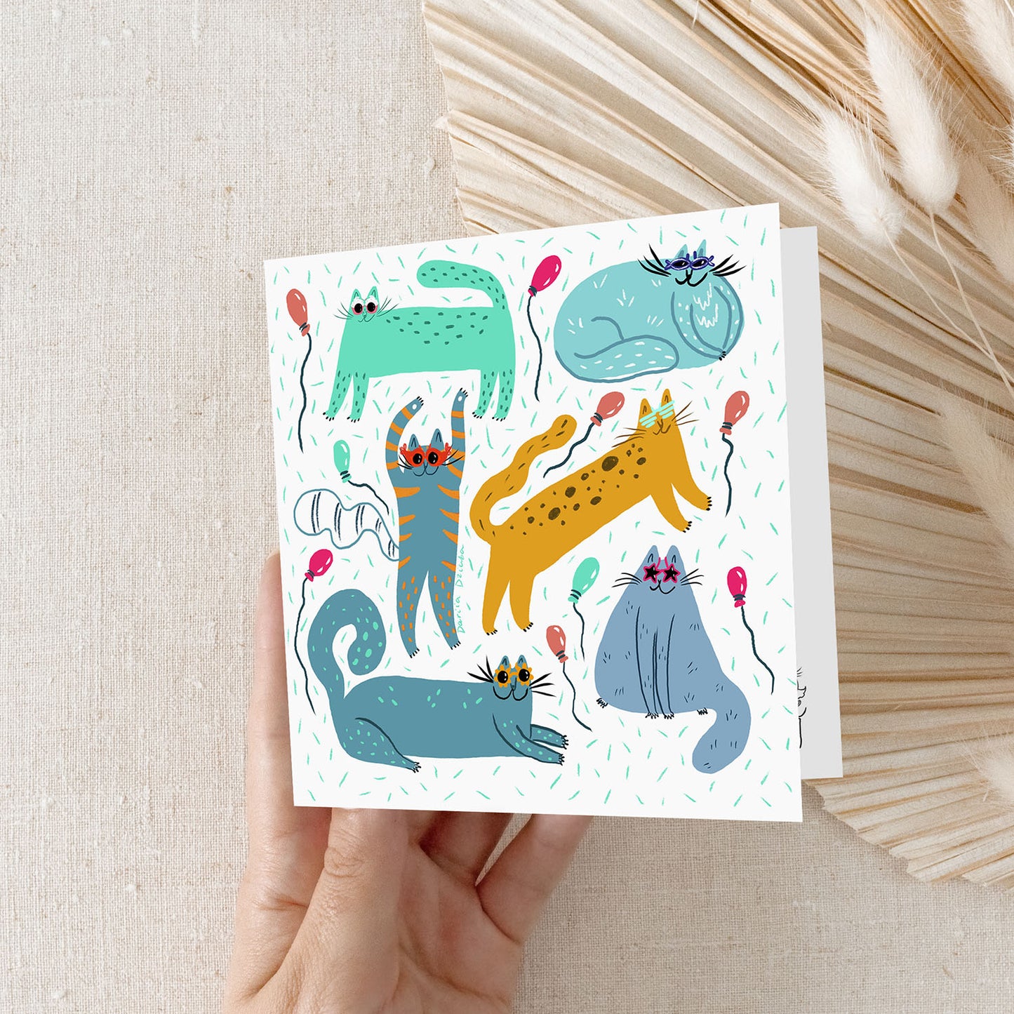 Carte de vœux 5x5 Pawty Cats Celebration – Carte vierge amusante sur le thème des chats avec ballons et enveloppe, parfaite pour toutes les occasions