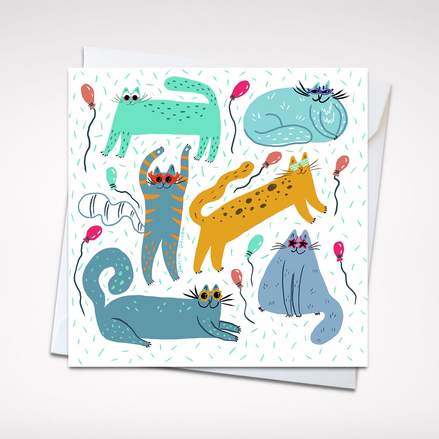 Carte de vœux 5x5 Pawty Cats Celebration – Carte vierge amusante sur le thème des chats avec ballons et enveloppe, parfaite pour toutes les occasions