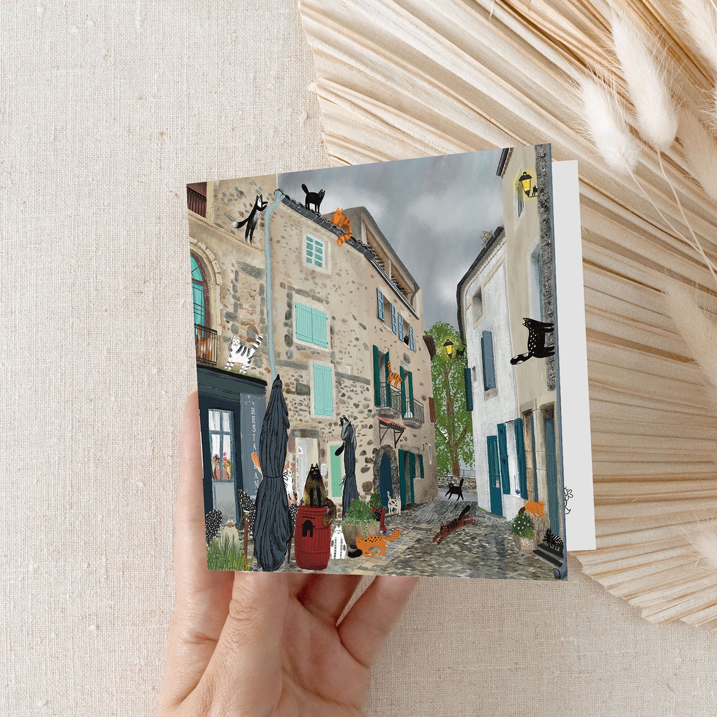 Carte de vœux carrée : Chats du village charmant