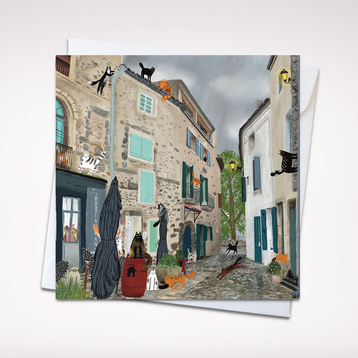 Carte de vœux carrée : Chats du village charmant