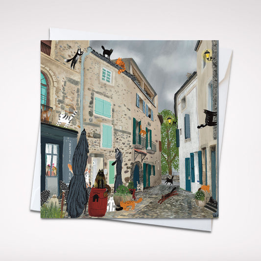 Carte de vœux carrée : Chats du village charmant