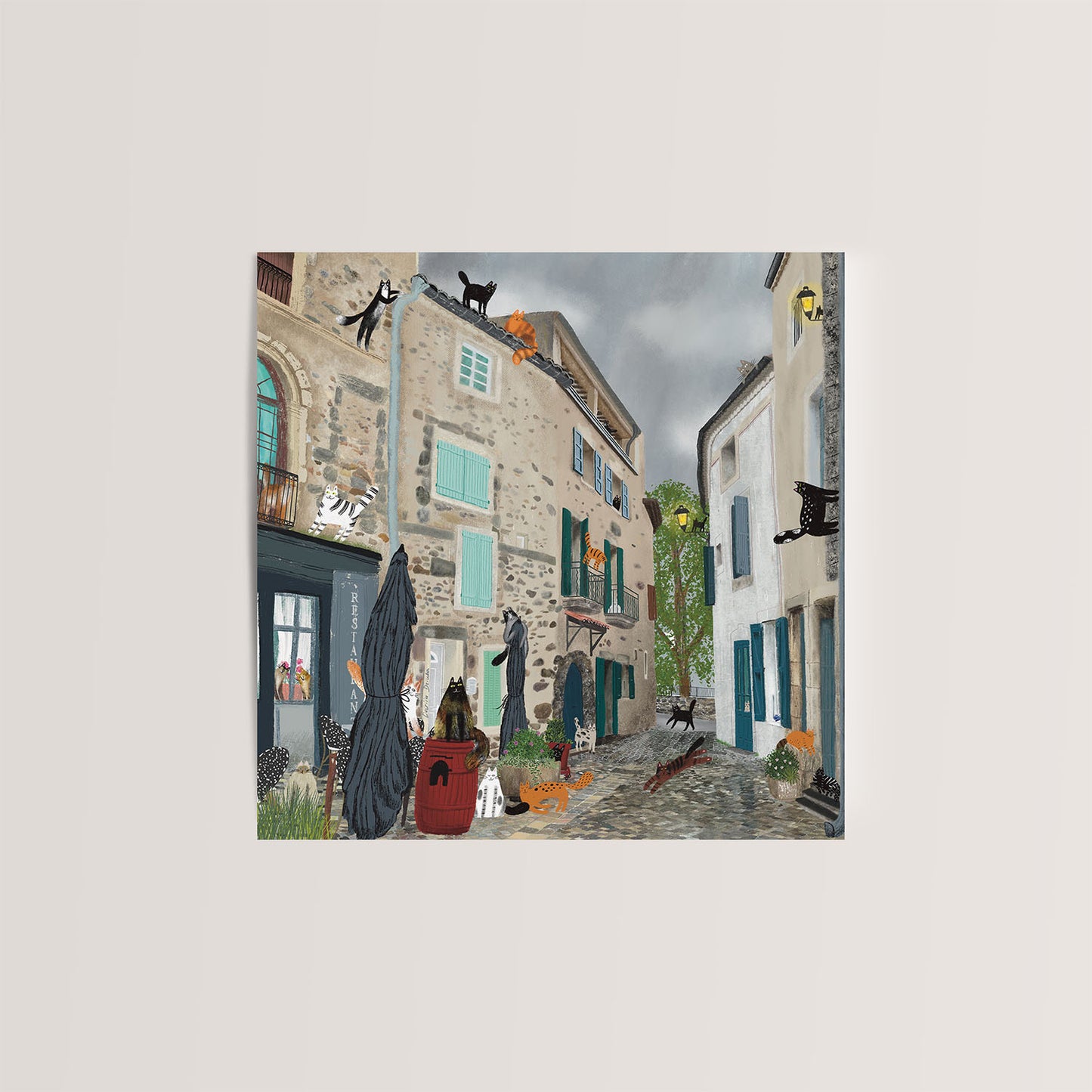 Carte de vœux carrée : Chats du village charmant