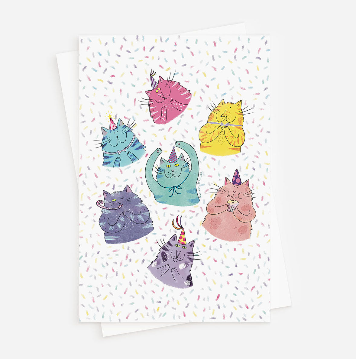 Carte de vœux verticale : Chat patte de chat / Chats avec des chapeaux d'anniversaire et des confettis