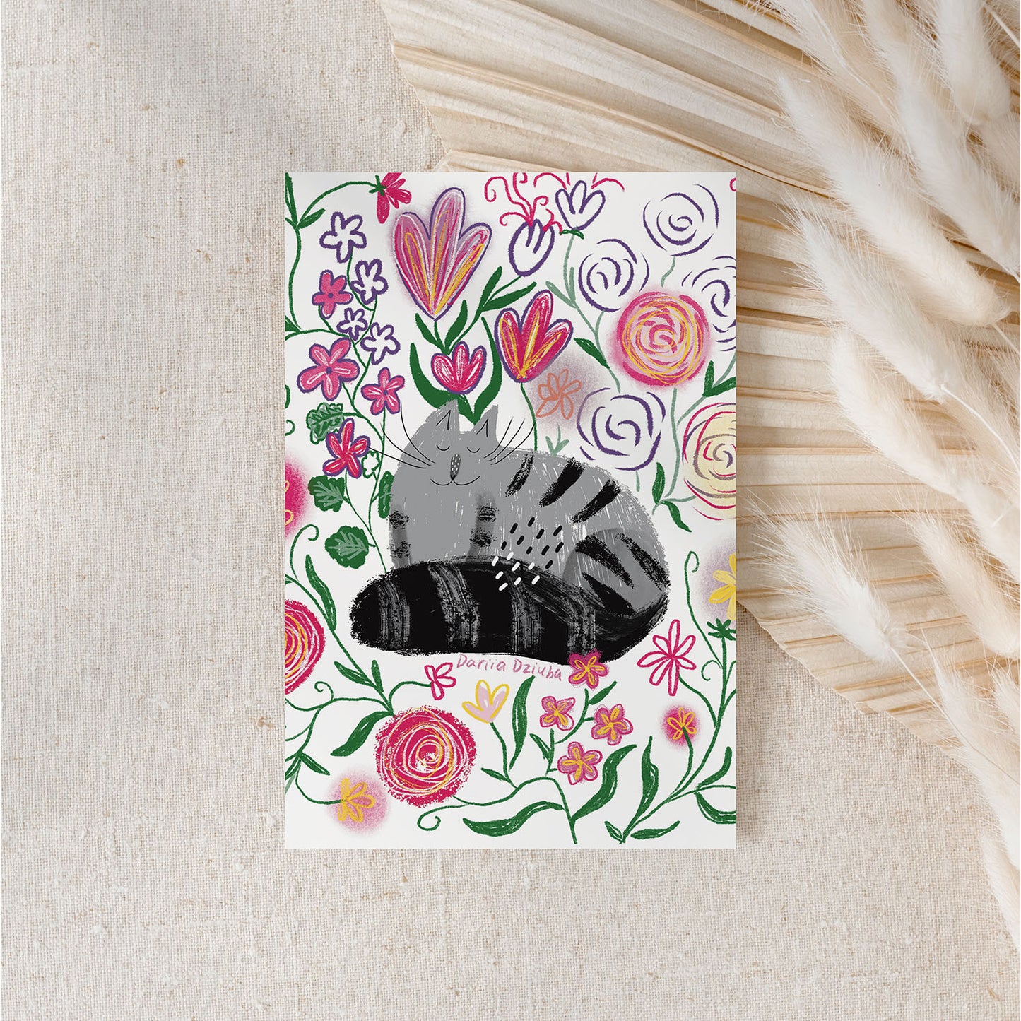 Carte de vœux verticale : Fantaisie féline en fleurs