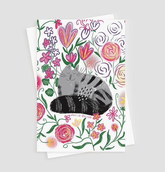 Carte de vœux verticale : Fantaisie féline en fleurs