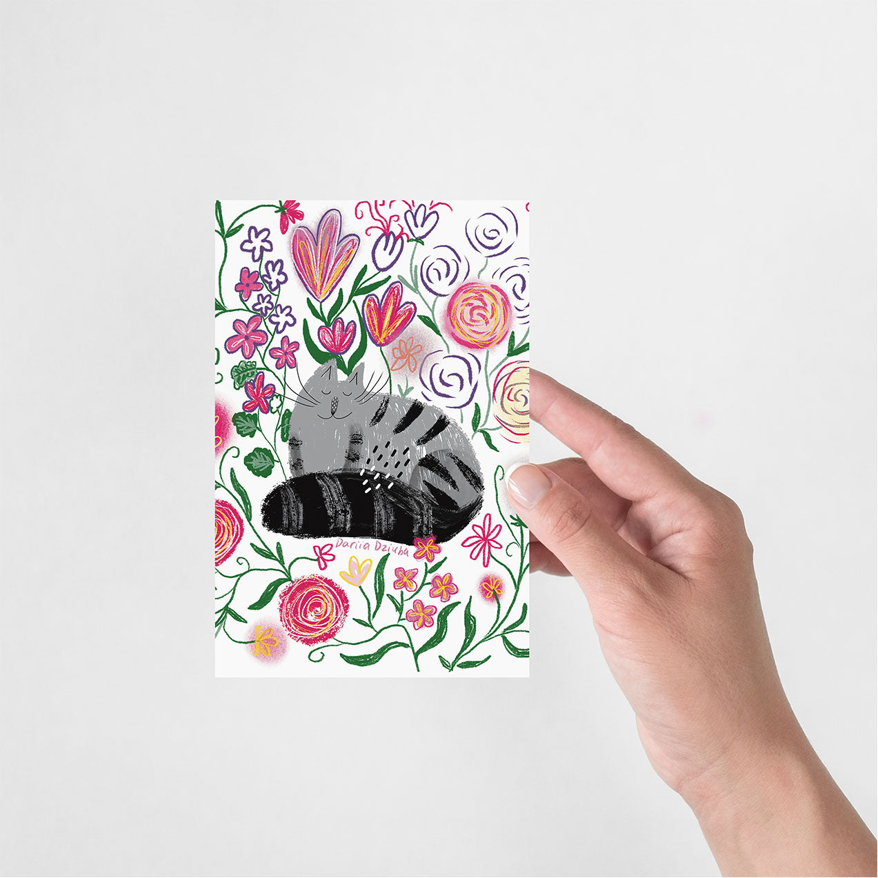 Carte de vœux verticale : Fantaisie féline en fleurs