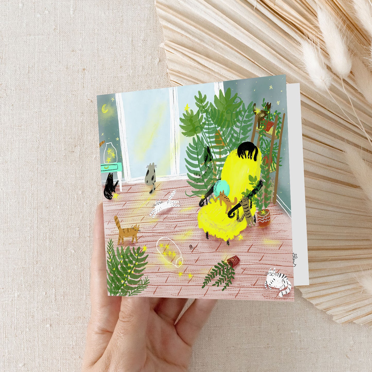 Carte de vœux carrée : Chats et plantes douillets