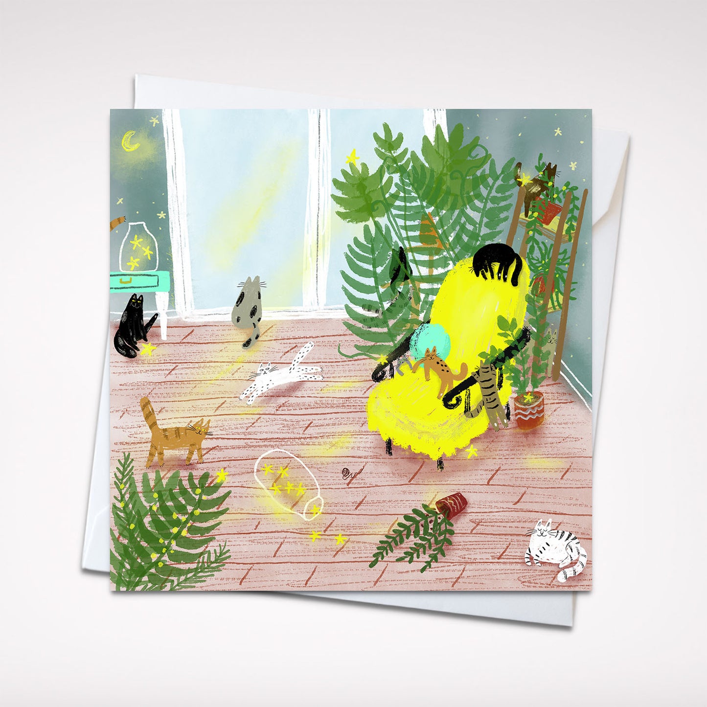 Carte de vœux carrée : Chats et plantes douillets
