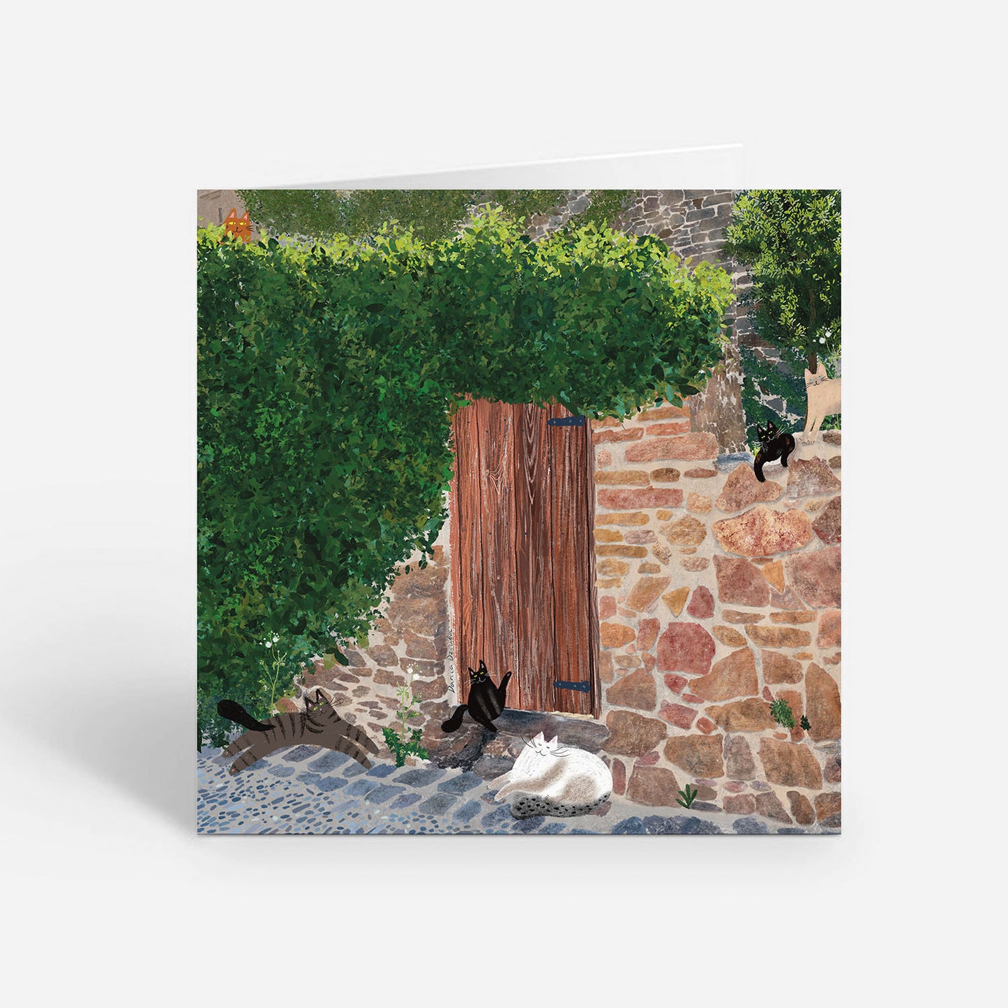 Carte de vœux carrée : Secret Garden Cats – Un refuge félin enchanteur