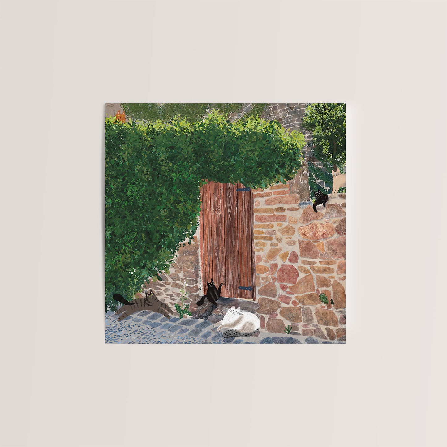 Carte de vœux carrée : Secret Garden Cats – Un refuge félin enchanteur