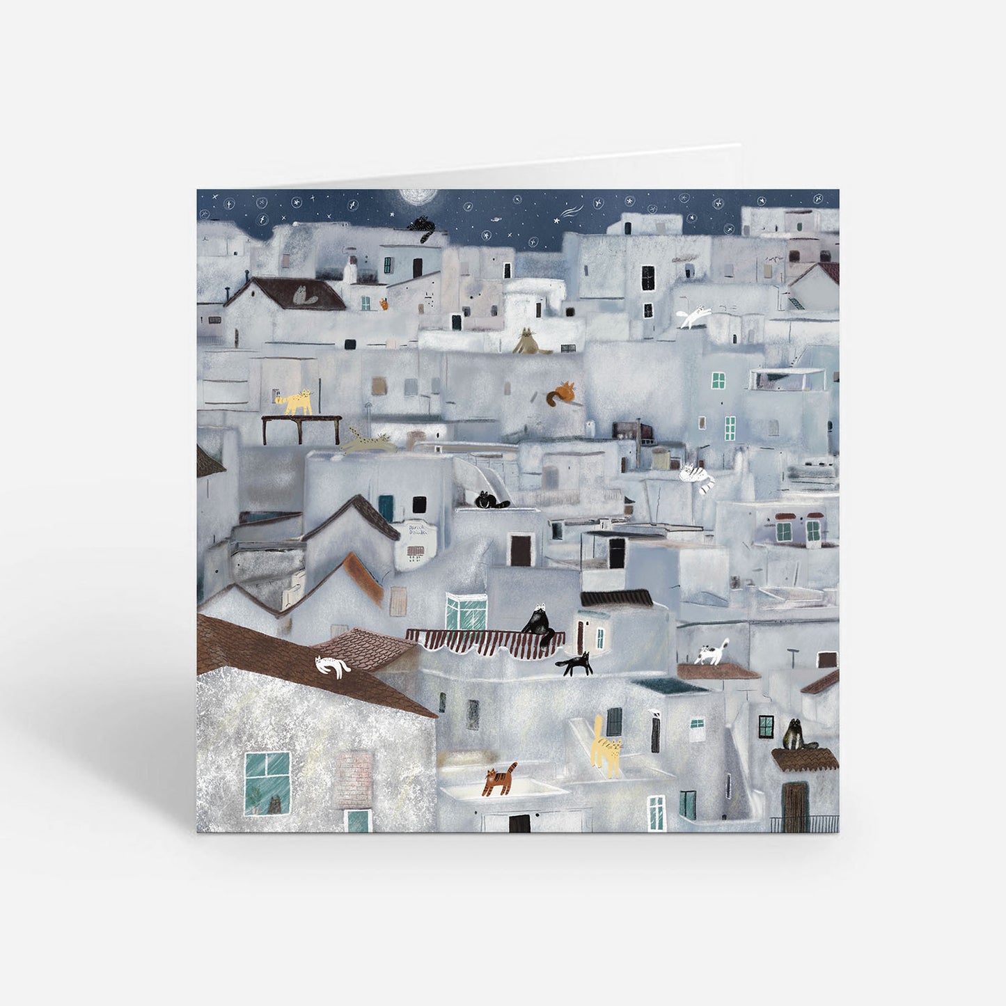 Square Greeting card: Whimsical Cats of Pueblos Blancos