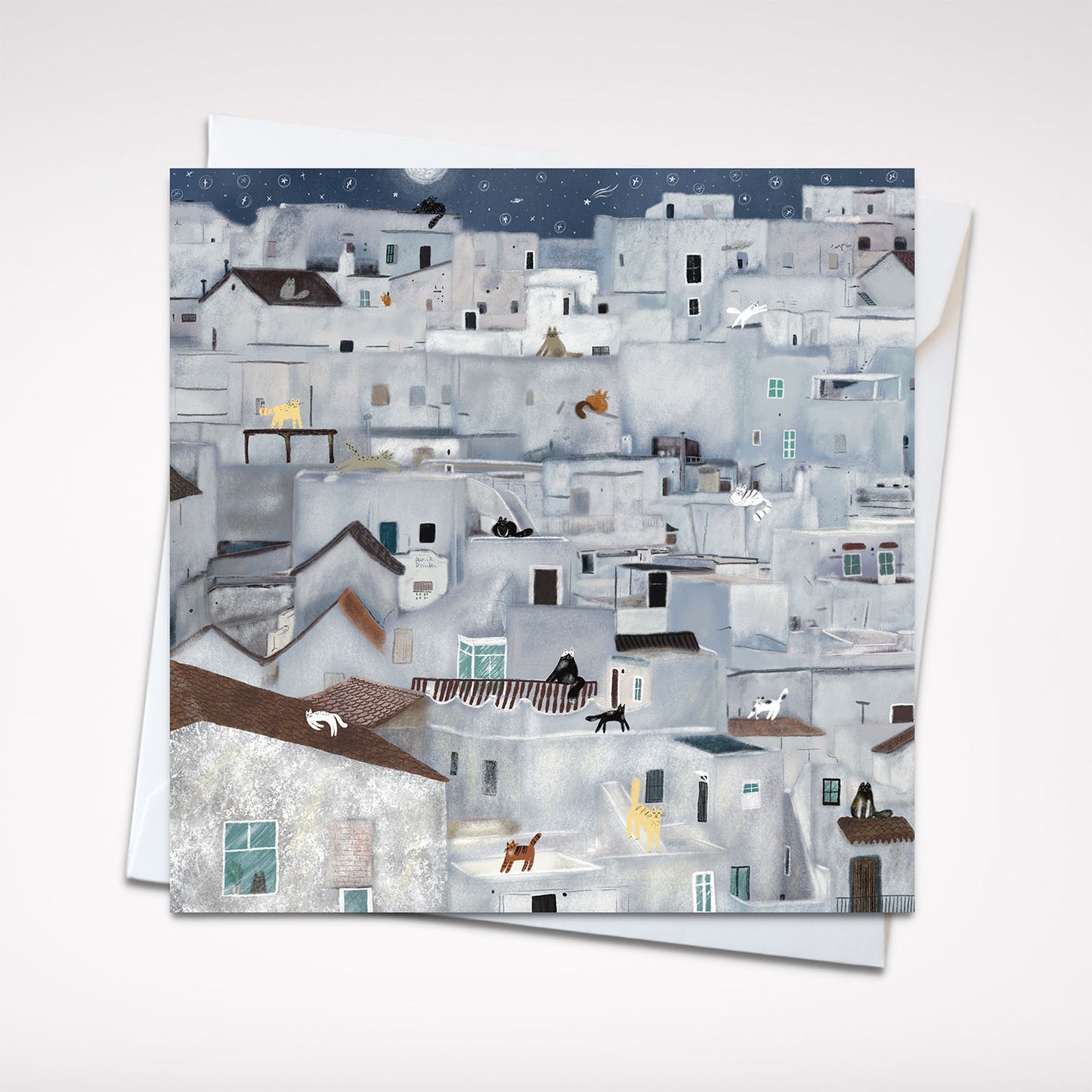 Carte de vœux 5x5 Whimsical Cats of Pueblos Blancos – Charmante carte vierge inspirée d'un village espagnol avec enveloppe