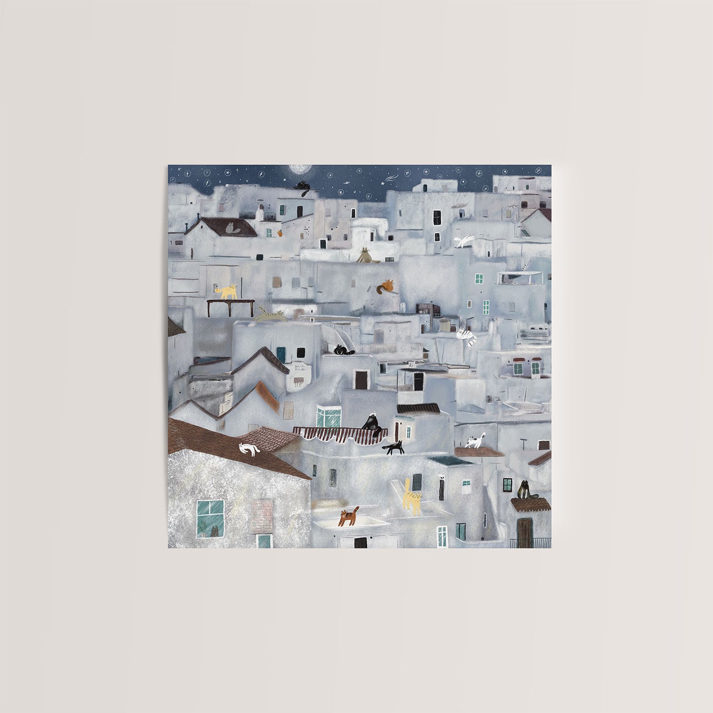 Carte de vœux 5x5 Whimsical Cats of Pueblos Blancos – Charmante carte vierge inspirée d'un village espagnol avec enveloppe