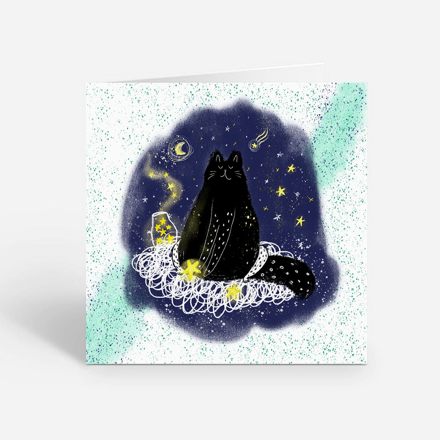Carte de vœux fantaisiste 5x5 avec chat noir dans les étoiles – Carte vierge à thème céleste avec enveloppe pour les amoureux des chats