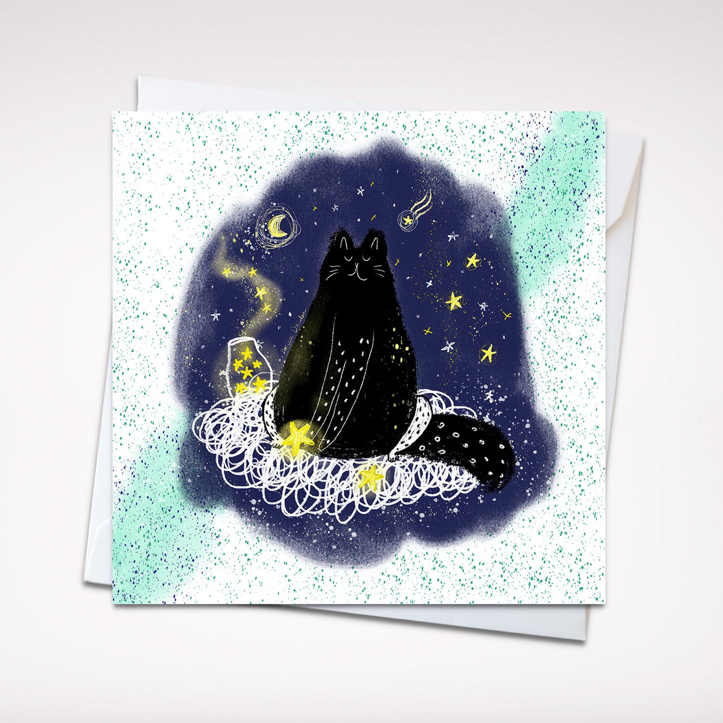 Carte de vœux fantaisiste 5x5 avec chat noir dans les étoiles – Carte vierge à thème céleste avec enveloppe pour les amoureux des chats