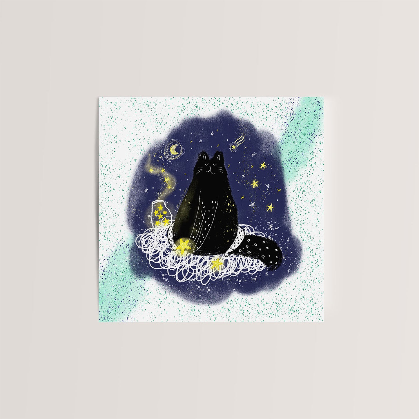 Carte de vœux fantaisiste 5x5 avec chat noir dans les étoiles – Carte vierge à thème céleste avec enveloppe pour les amoureux des chats