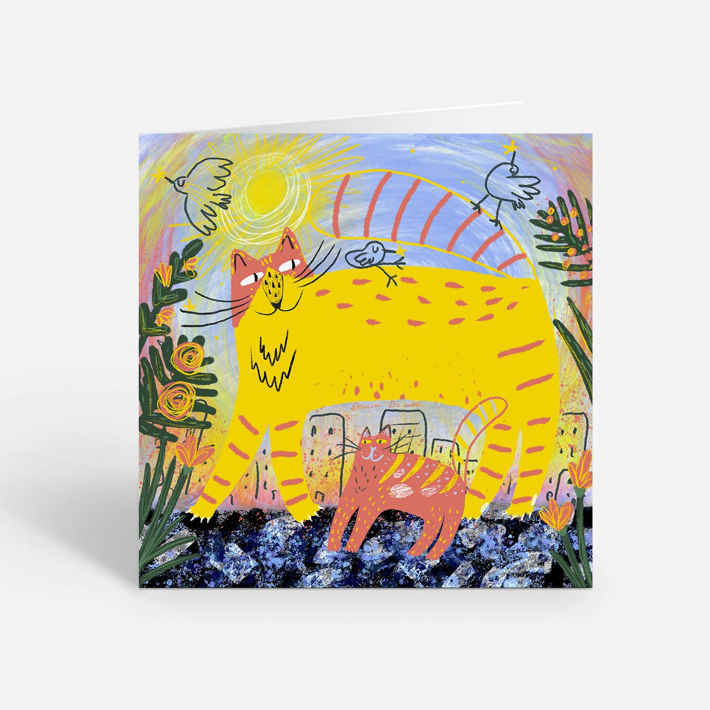 Sunshine Cats 5x5 Greeting Card – Vibrant Cat-Themed Blank Card with Envelope, Purrfect for Cat Lovers and Bright Days