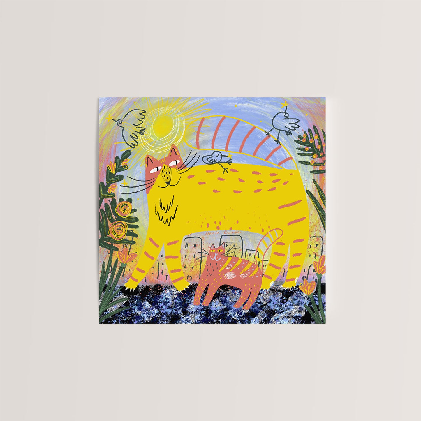 Sunshine Cats 5x5 Greeting Card – Vibrant Cat-Themed Blank Card with Envelope, Purrfect for Cat Lovers and Bright Days