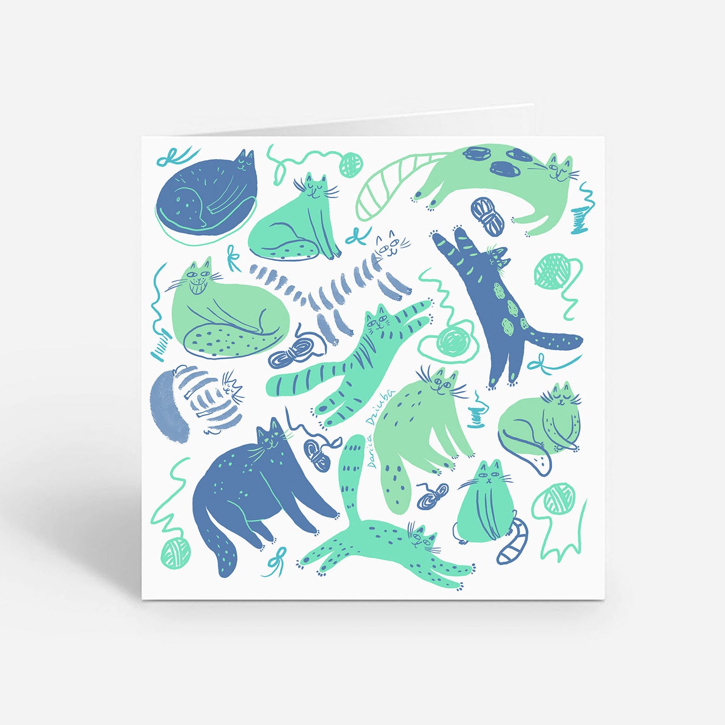 Carte de vœux carrée : Chats et fils – Chats joueurs en vert et bleu