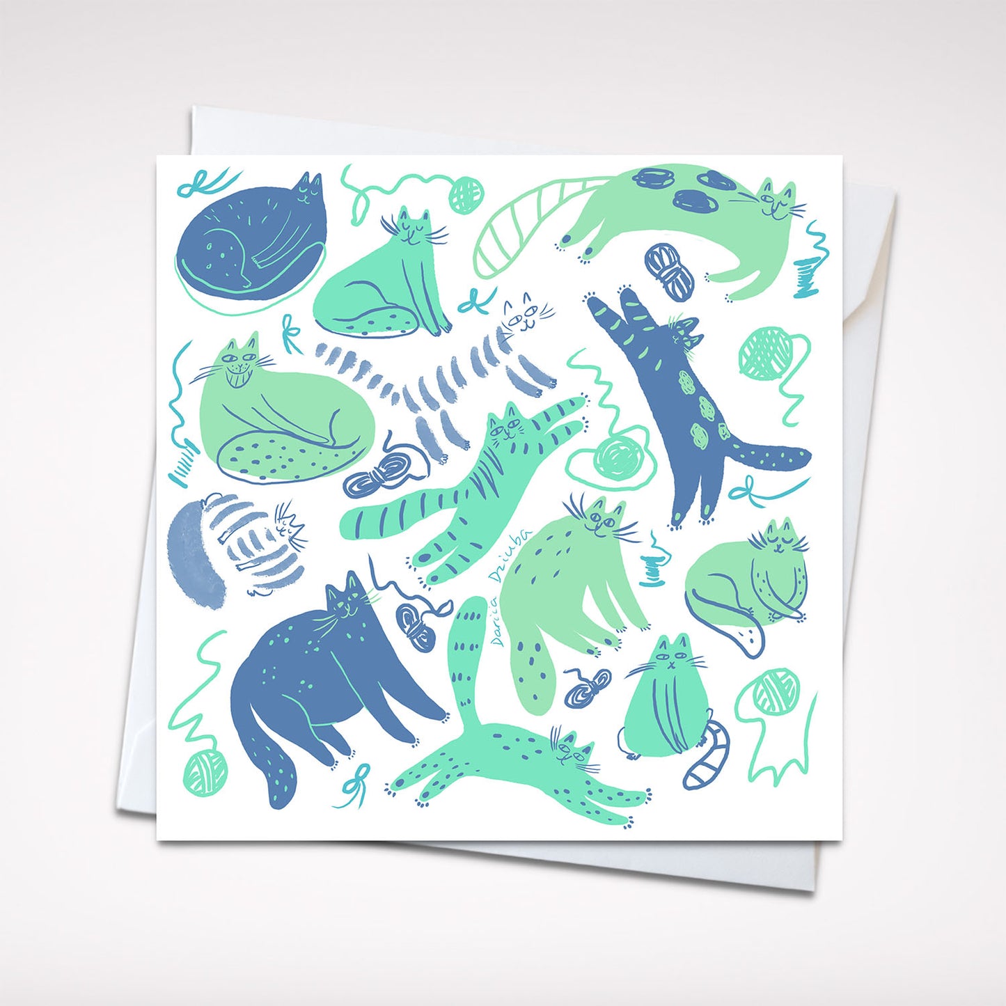 Carte de vœux carrée : Chats et fils – Chats joueurs en vert et bleu