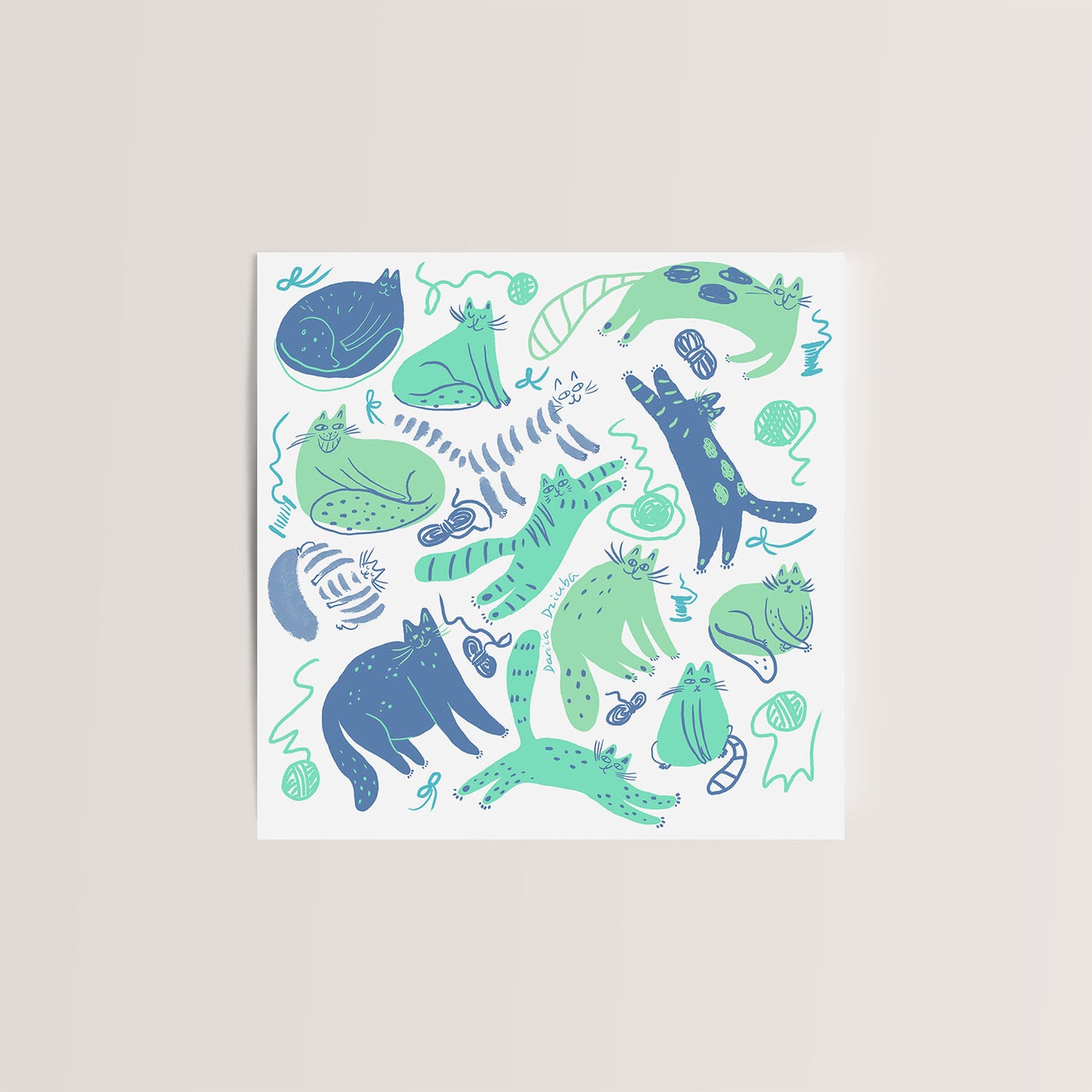 Carte de vœux carrée : Chats et fils – Chats joueurs en vert et bleu
