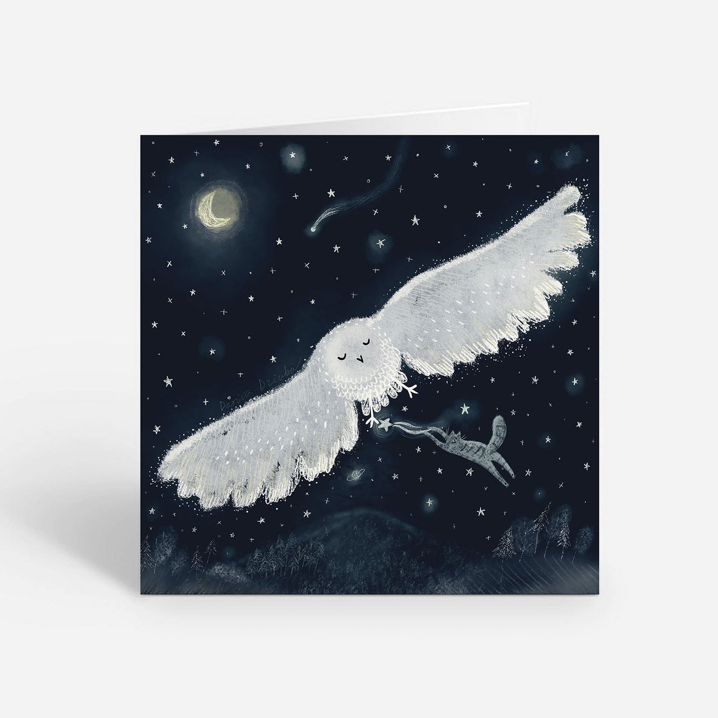 Square Greeting card: Nighttime Whisper - Enchanting Owl, Cat and Stars