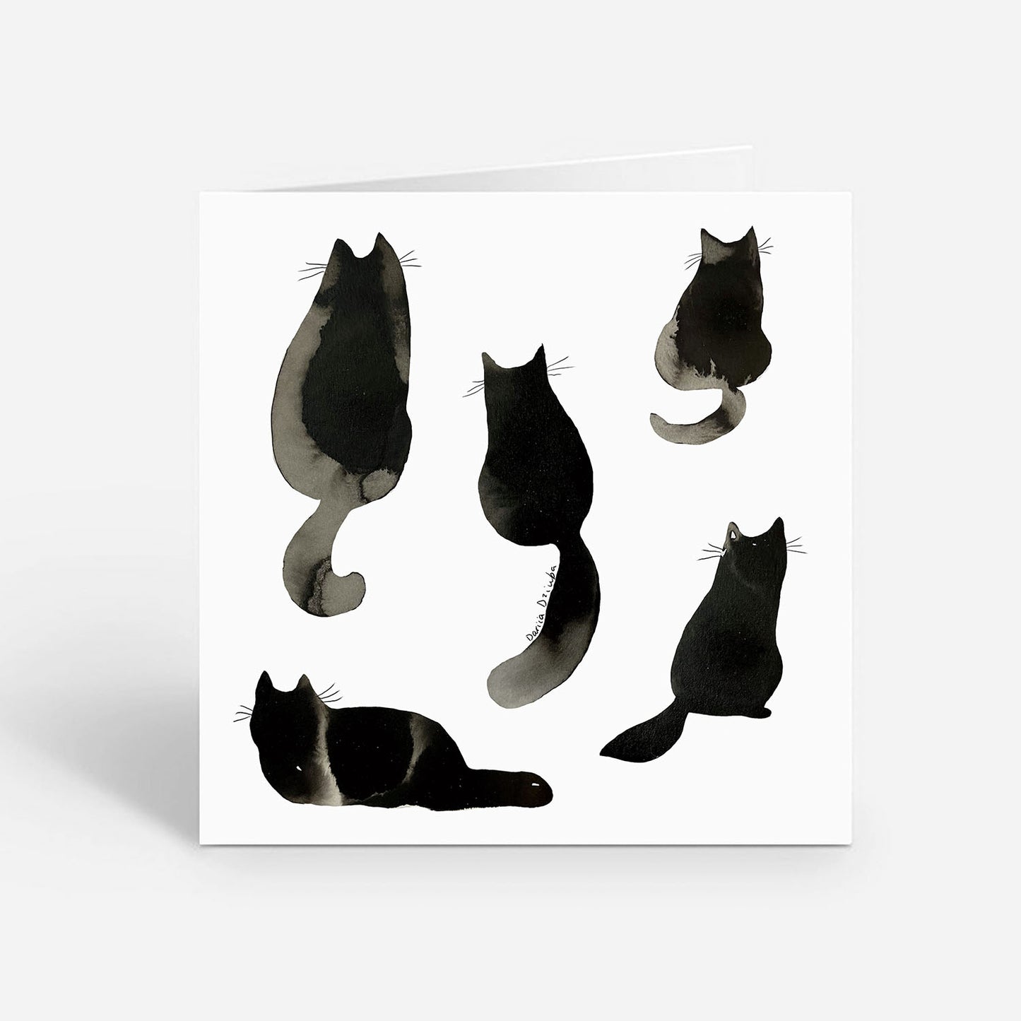 Carte de vœux carrée : élégantes silhouettes de chat à l'encre noire
