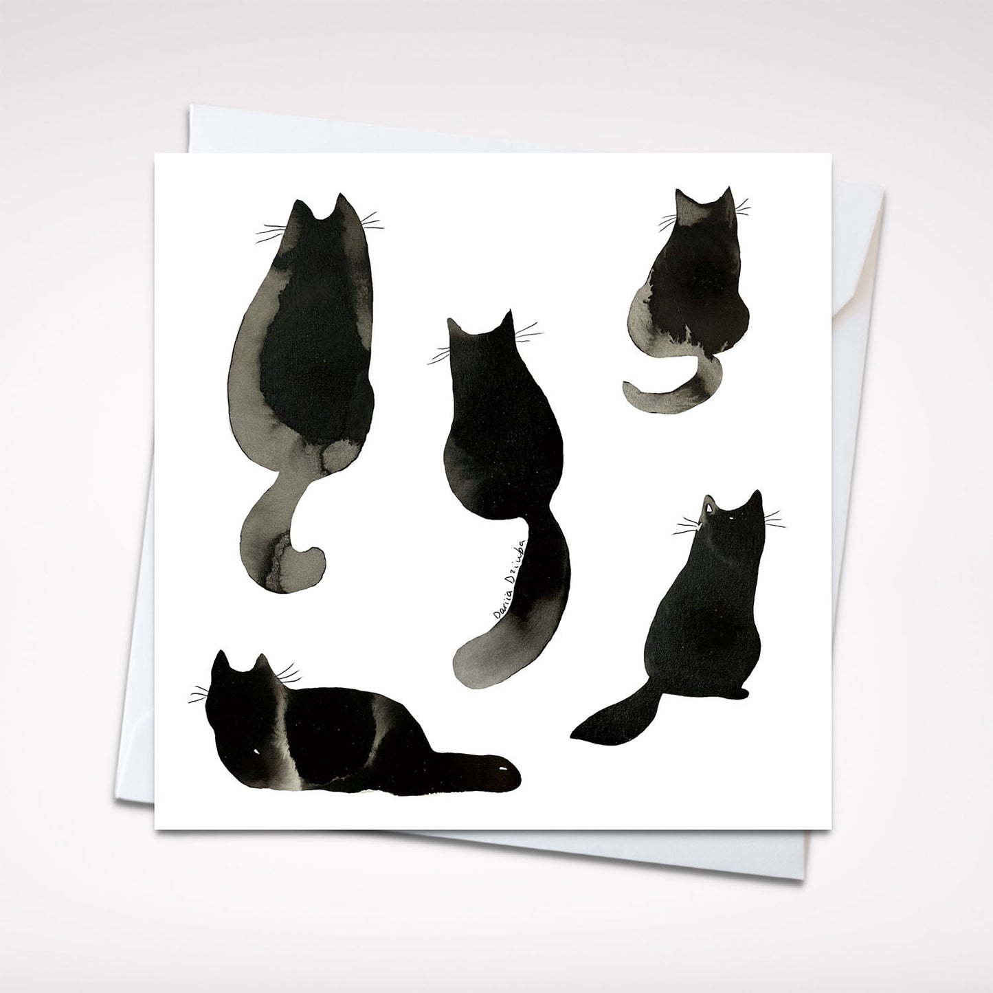 Carte de vœux carrée : élégantes silhouettes de chat à l'encre noire