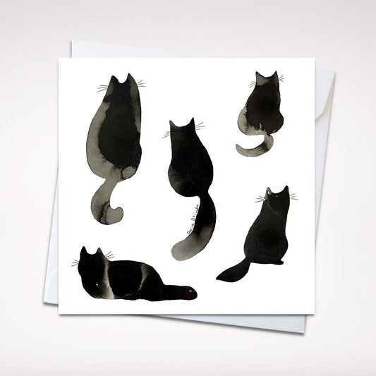 Carte de vœux carrée : élégantes silhouettes de chat à l'encre noire