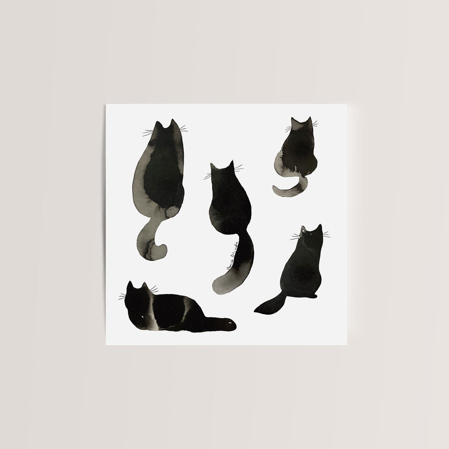 Carte de vœux carrée : élégantes silhouettes de chat à l'encre noire