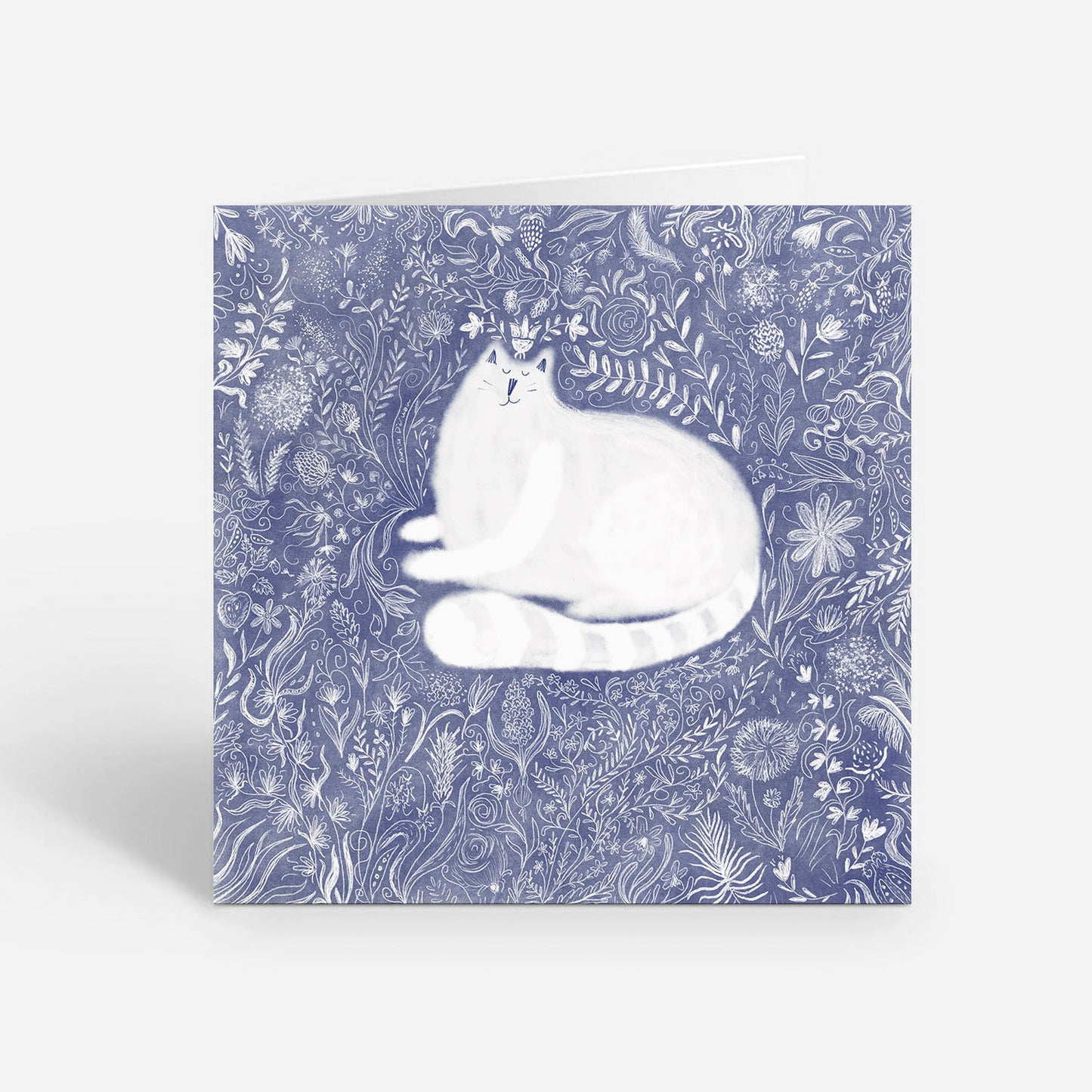 Carte de vœux carrée : Motif floral fantaisiste avec chat blanc