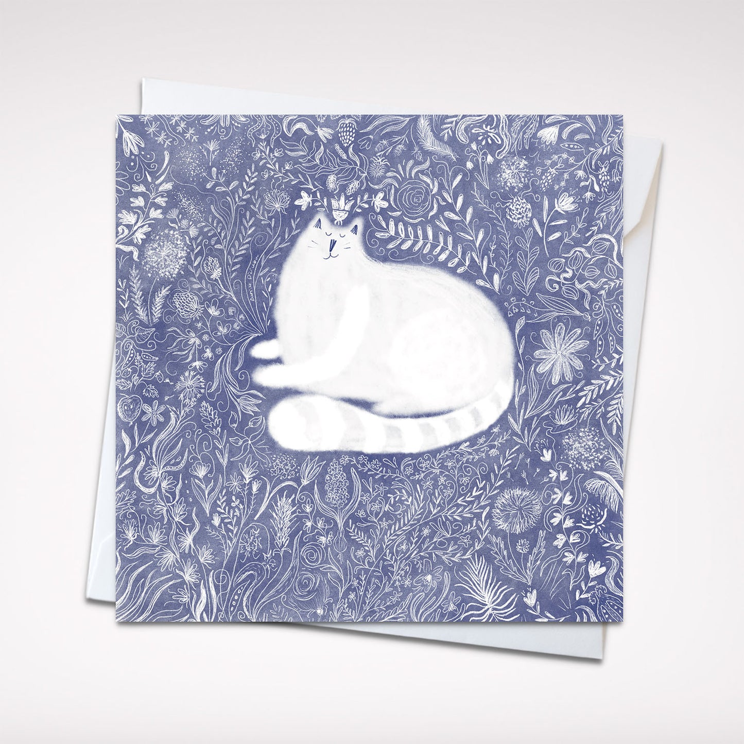 Carte de vœux carrée : Motif floral fantaisiste avec chat blanc