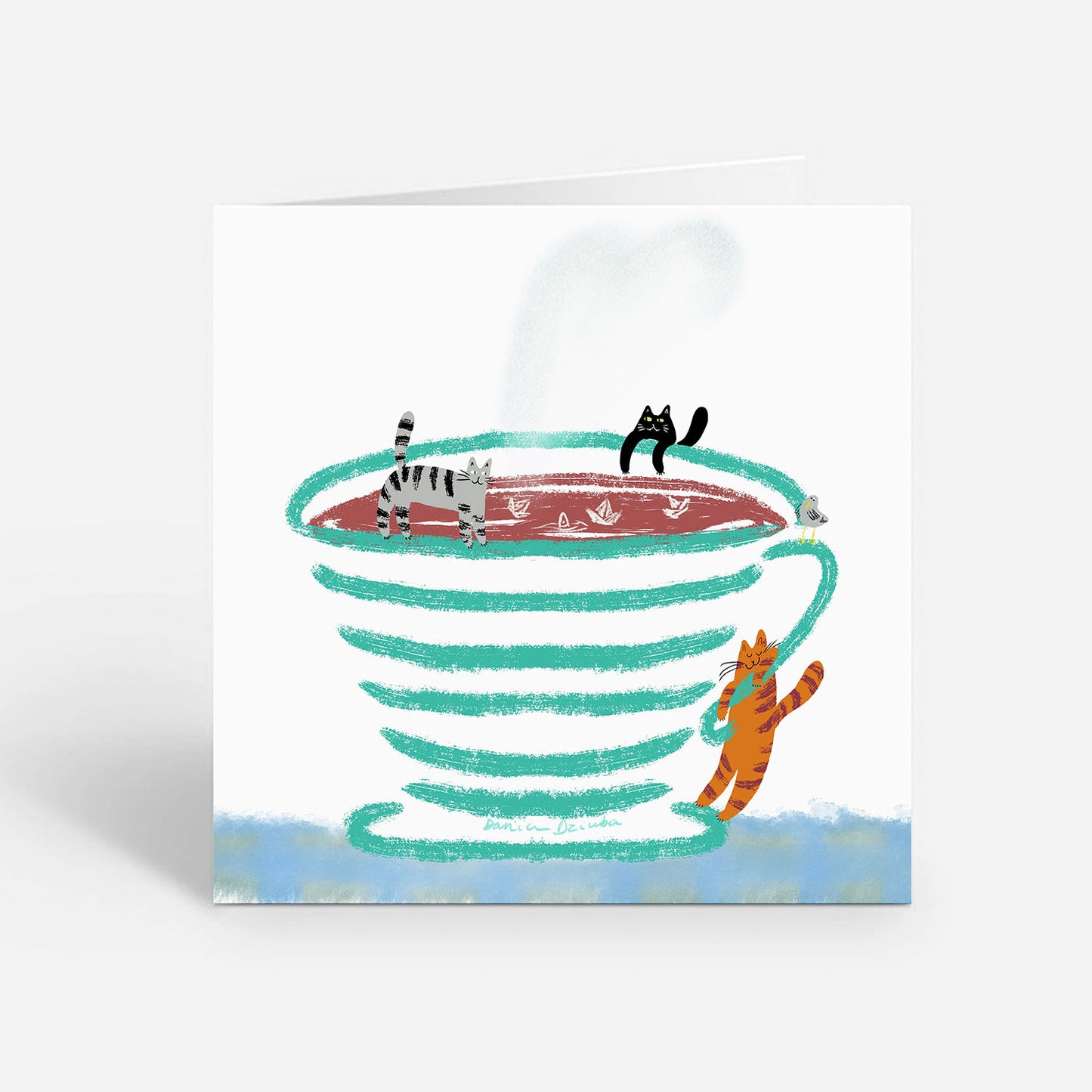 Carte de vœux carrée : Chats fantaisistes dans une tasse de thé