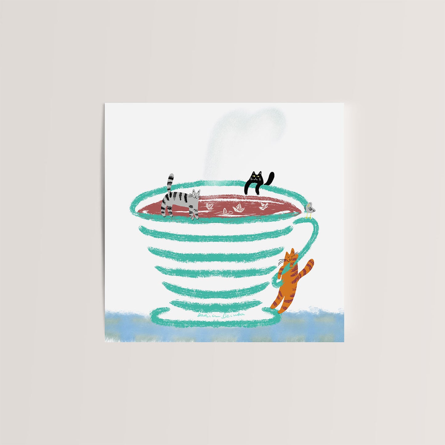 Carte de vœux carrée : Chats fantaisistes dans une tasse de thé