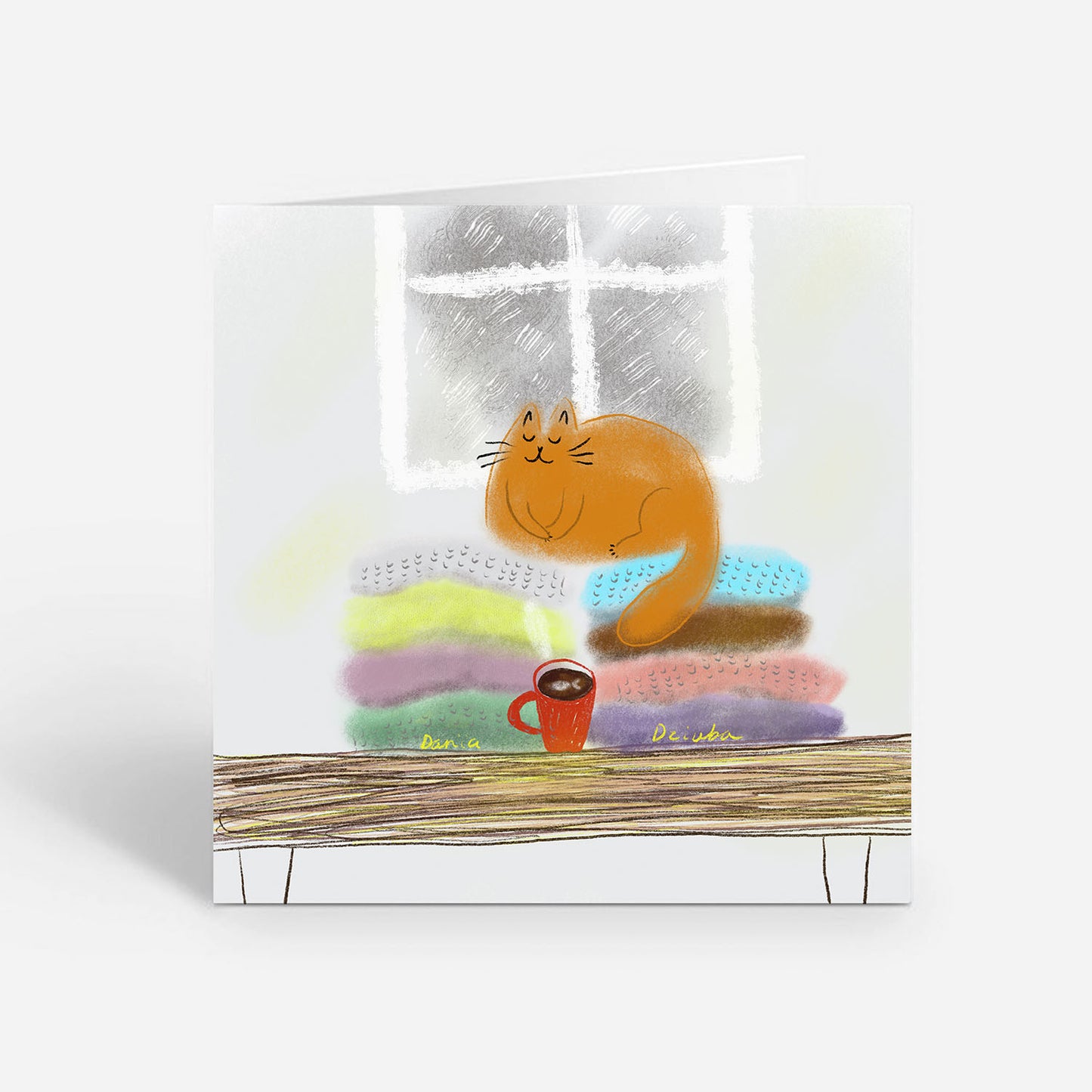 Carte de vœux carrée : Chat douillet se relaxant près de la fenêtre avec un café