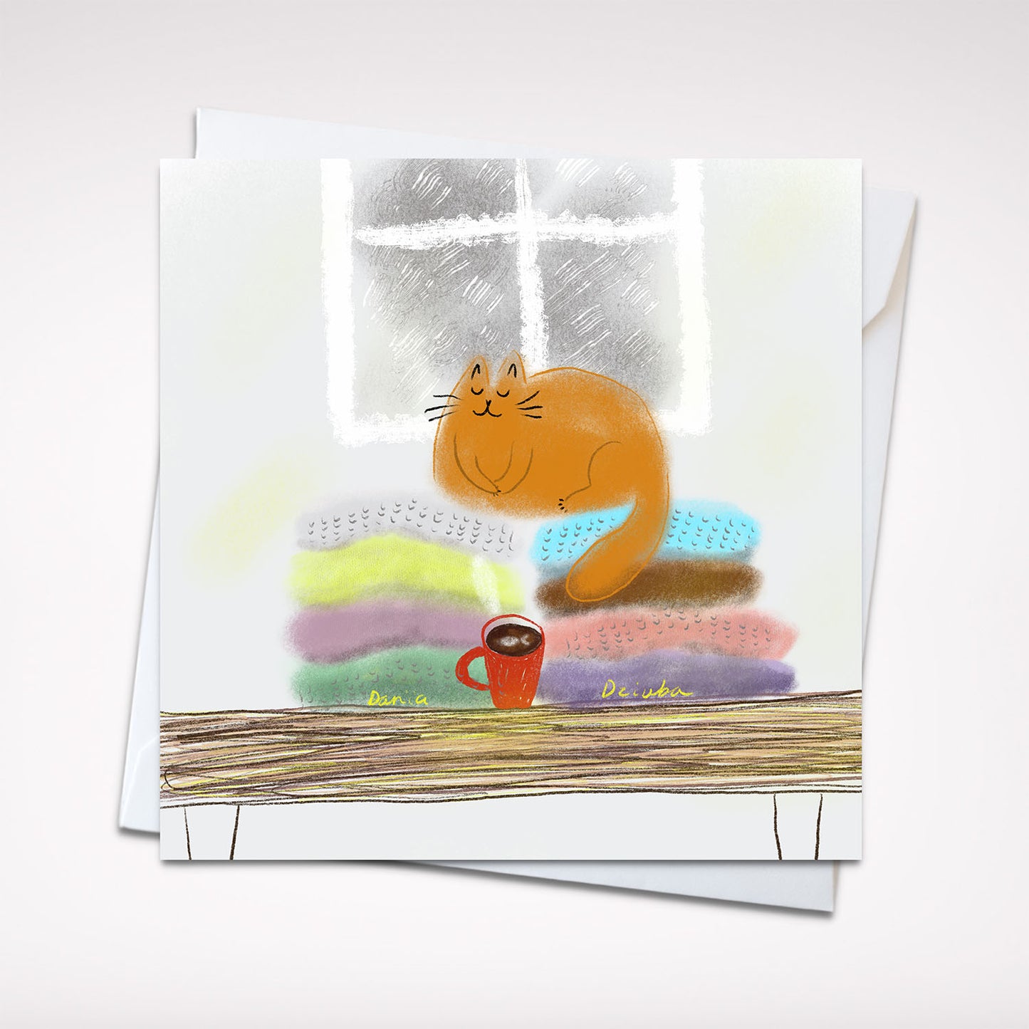 Carte de vœux carrée : Chat douillet se relaxant près de la fenêtre avec un café