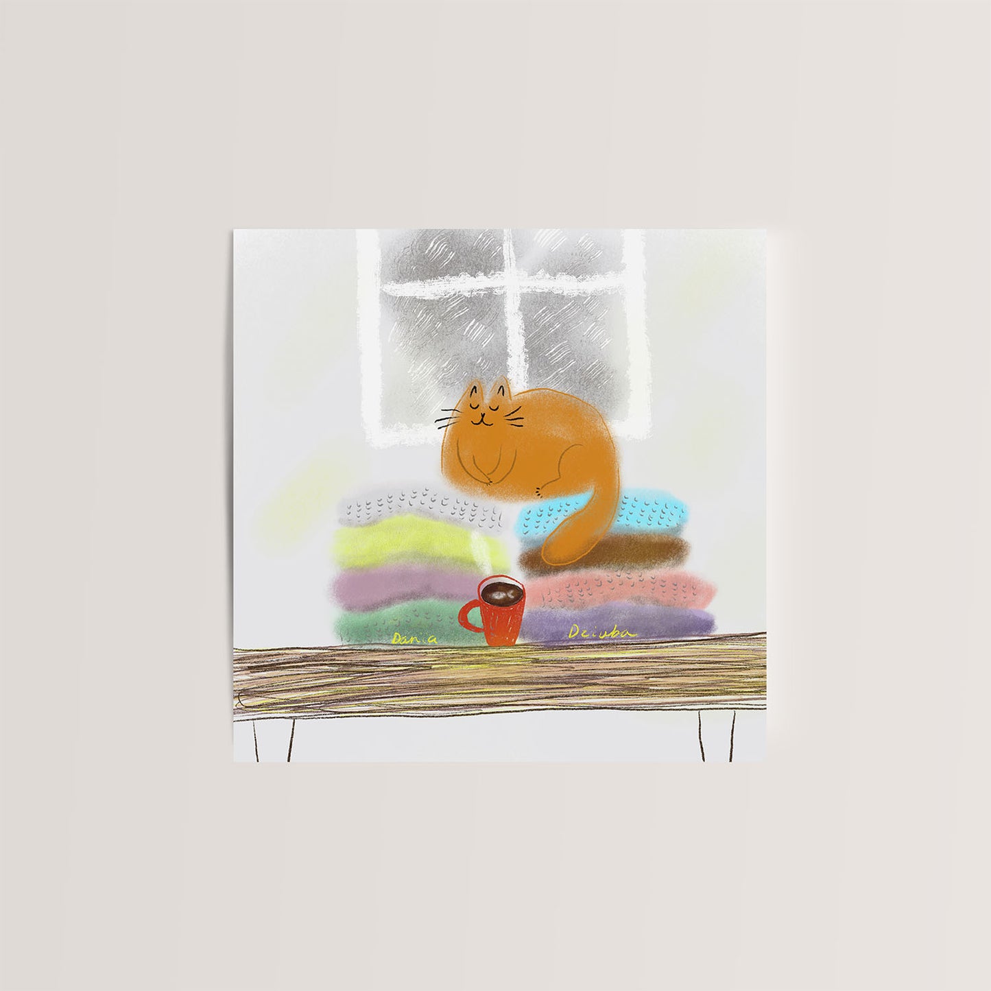 Carte de vœux carrée : Chat douillet se relaxant près de la fenêtre avec un café