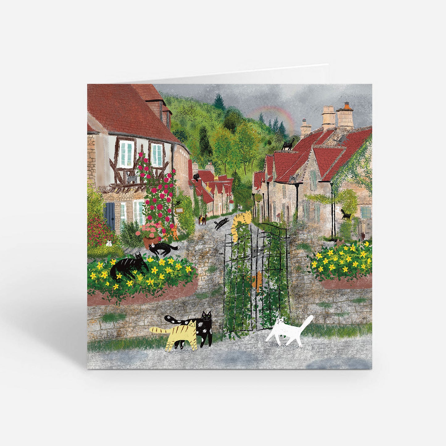 Chats de carte carrée en ville/ carte de vœux/ carte vierge/ carte pliante/ carte carrée 5x5"/ cartes pour toute occasion/ Carte de chat de jardin d’automne