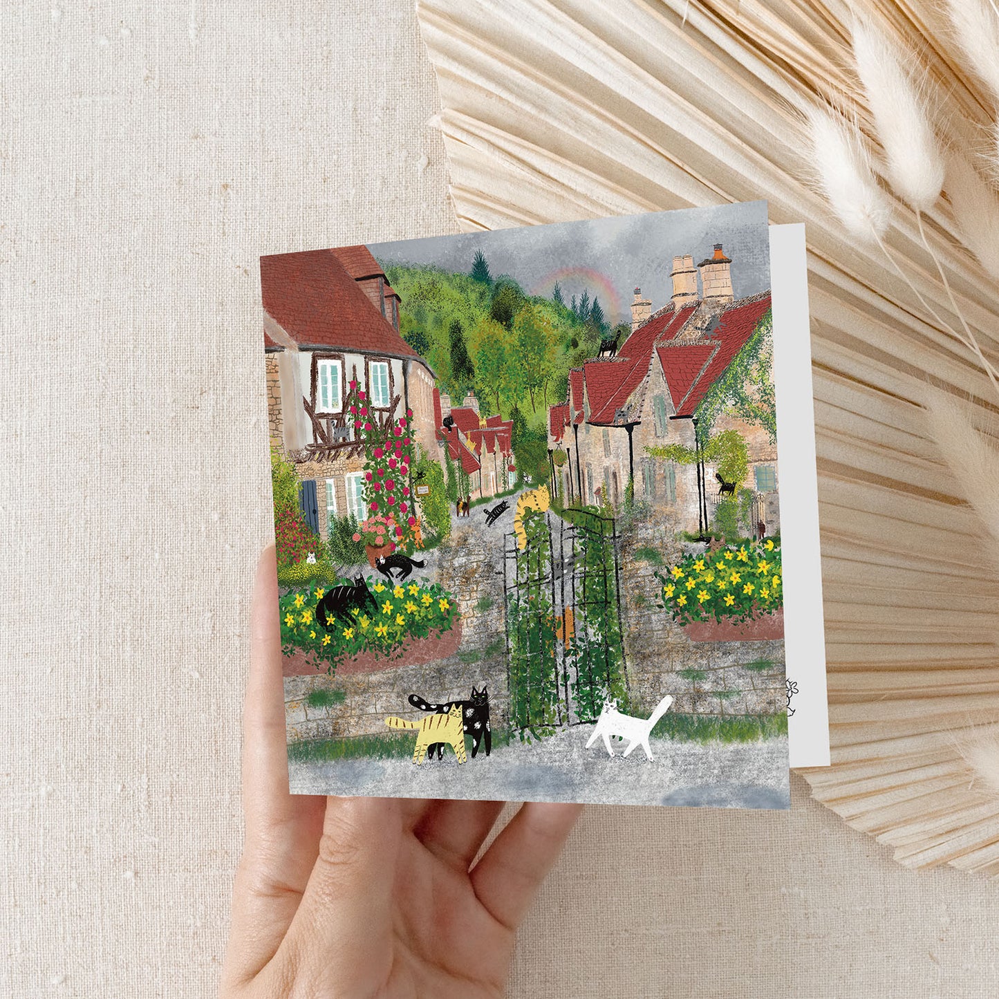 Chats de carte carrée en ville/ carte de vœux/ carte vierge/ carte pliante/ carte carrée 5x5"/ cartes pour toute occasion/ Carte de chat de jardin d’automne