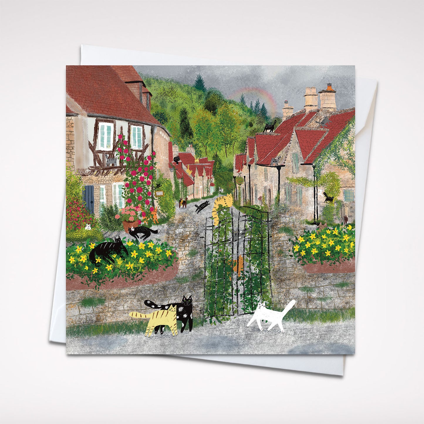 Chats de carte carrée en ville/ carte de vœux/ carte vierge/ carte pliante/ carte carrée 5x5"/ cartes pour toute occasion/ Carte de chat de jardin d’automne
