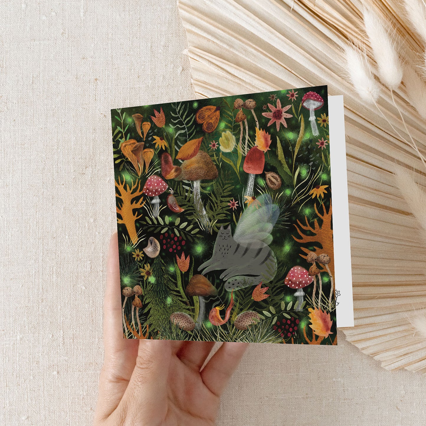 Carte de vœux 5x5 Enchanted Forest Cat – Carte vierge sur le thème du chat magique avec enveloppe, parfaite pour les amoureux des chats et les fans de fantasy