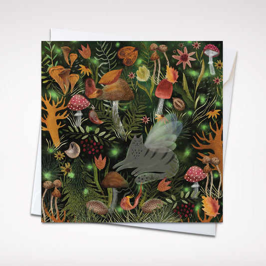 Square Greeting card: Enchanted Forest Cat