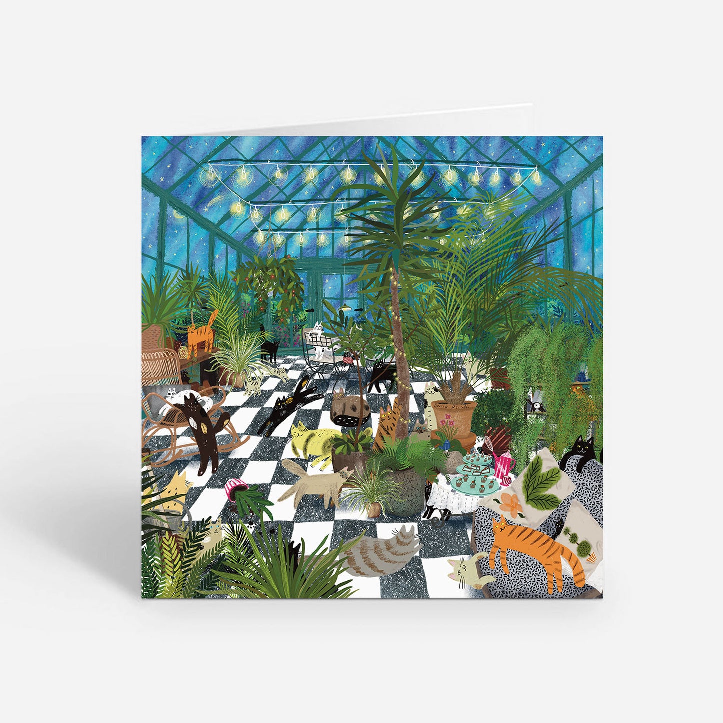 Carte de vœux Greenhouse Party Cats 5x5 – Carte vierge ludique sur le thème des chats avec enveloppe, parfaite pour les amoureux des plantes et des chats