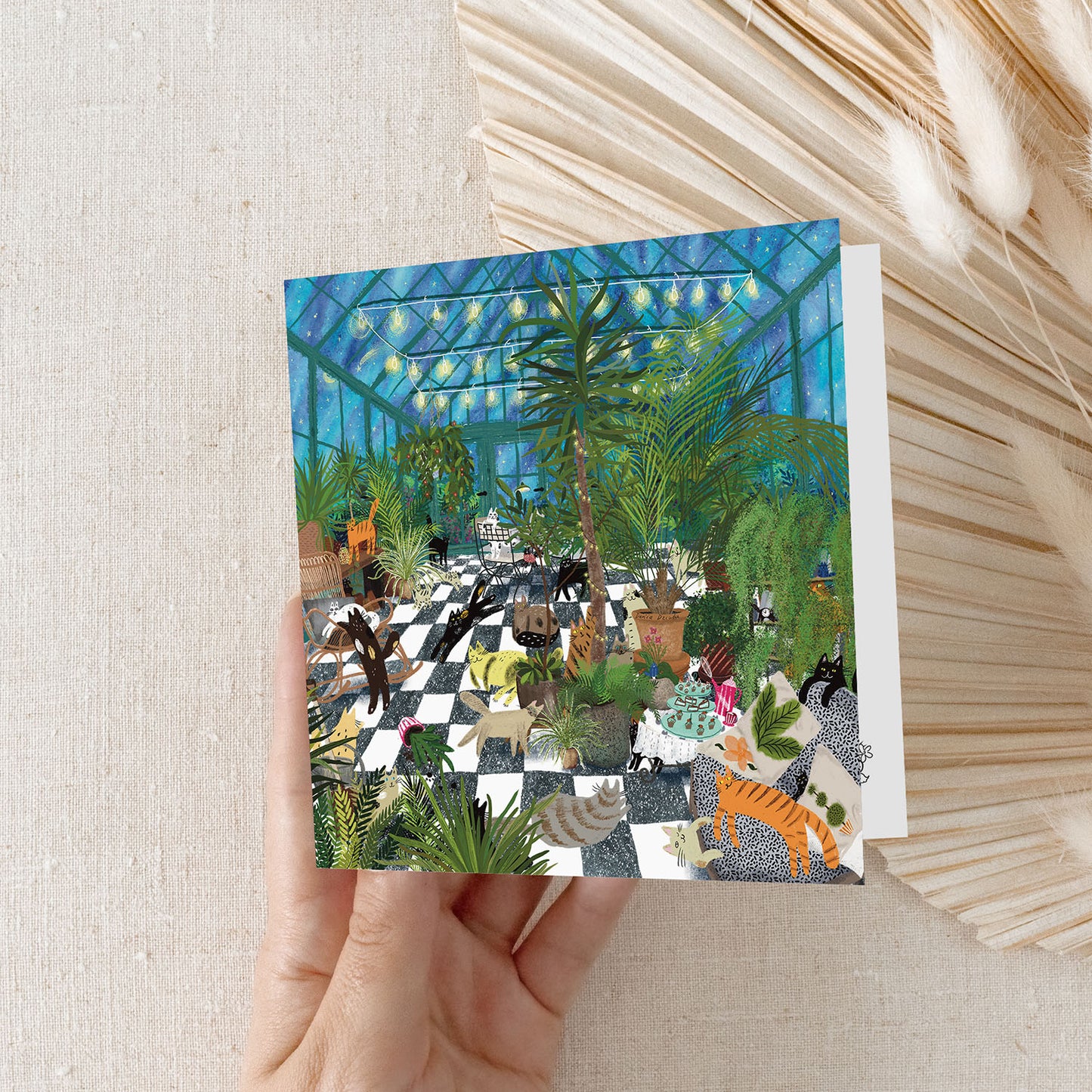 Carte de vœux Greenhouse Party Cats 5x5 – Carte vierge ludique sur le thème des chats avec enveloppe, parfaite pour les amoureux des plantes et des chats