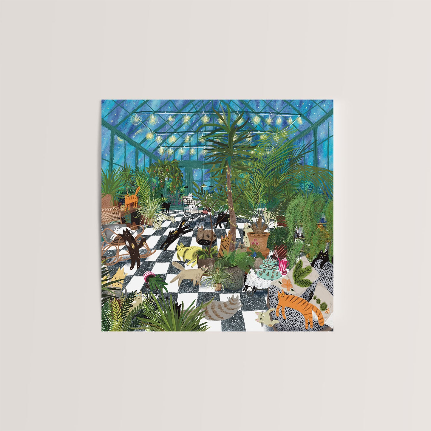 Square Greeting card: Greenhouse Party Cats