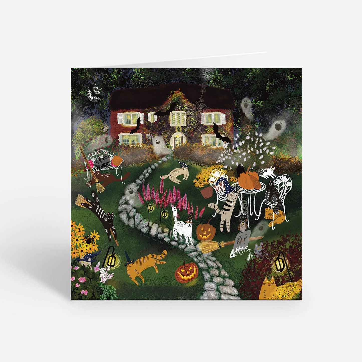 Square Greeting card: Mystical Meow Manor - Whimsical Cat and Pumpkin