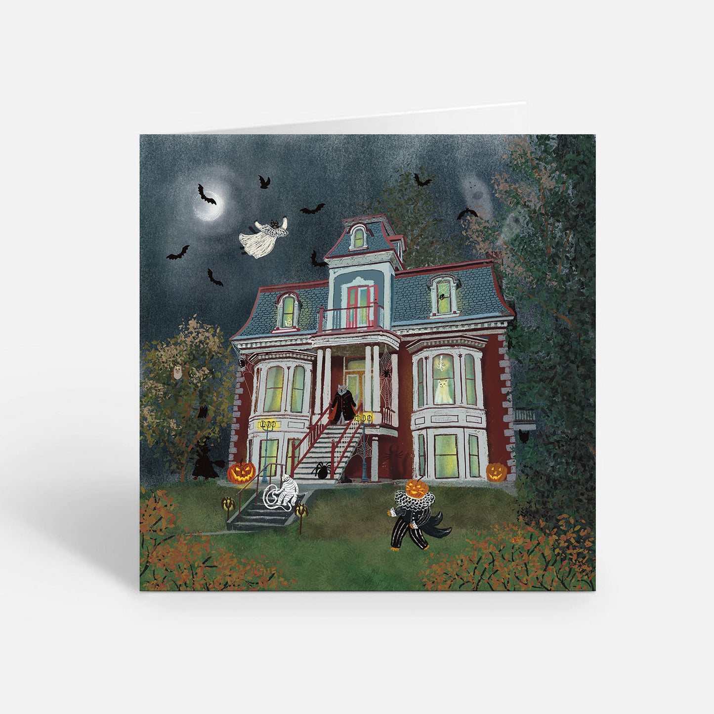 Spooky Mansion Cats Halloween 5x5 Greeting Card – Haunted House Blank Card with Envelope
