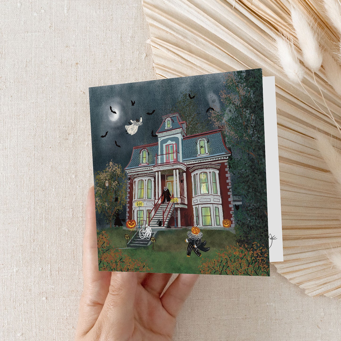 Spooky Mansion Cats Halloween 5x5 Greeting Card – Haunted House Blank Card with Envelope